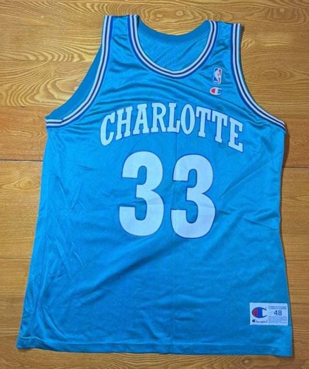 Vintage 90s Champion Charlotte Hornets Alonzo Mourning #33 Jersey Size 48